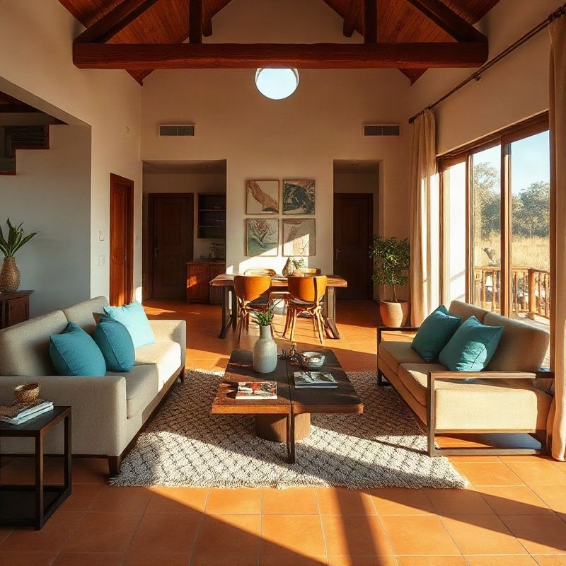Modern Bamburi apartment living room with azure accents and terracotta tile floors