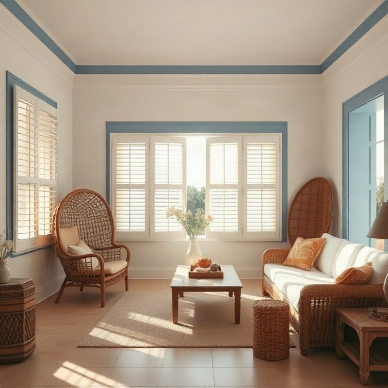 Bright, furnished Kenyan coastal villa interior with louvred shutters