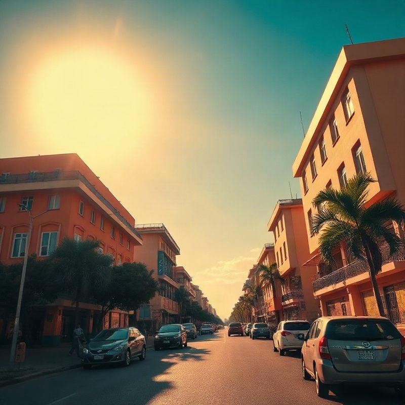 Sunlit Nkrumah Road Mombasa street-level view with coastal architecture