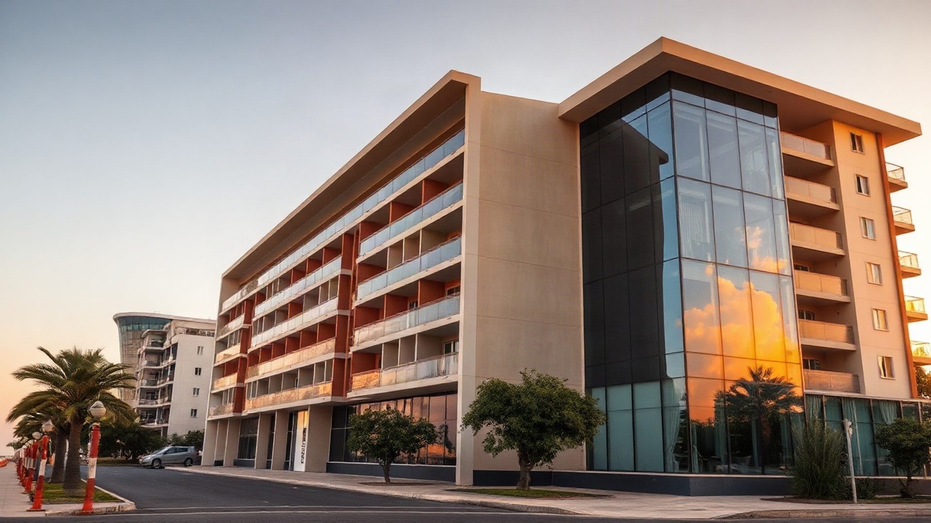 Modern Mombasa seafront apartment building at golden hour