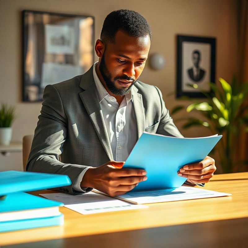 Kenyan real estate agent reviewing documents at a bright Mombasa office desk