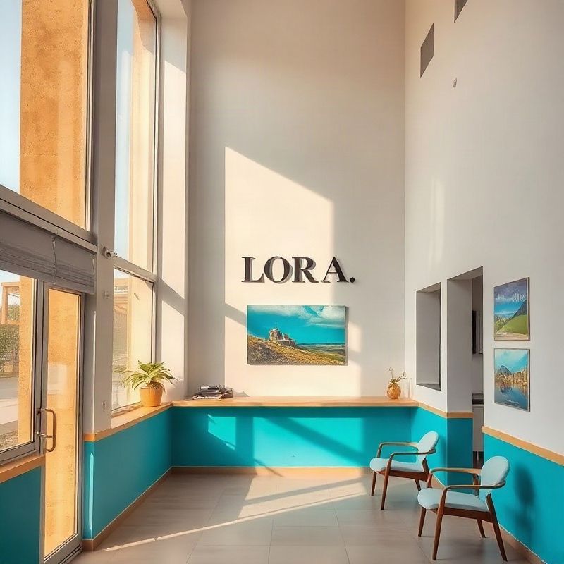 Interior of the Historycanvasx Mombasa office with azure accents and tall sunlit windows