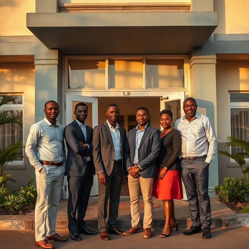 Small Kenyan professional team outside a coastal office building on Nkrumah Road Mombasa